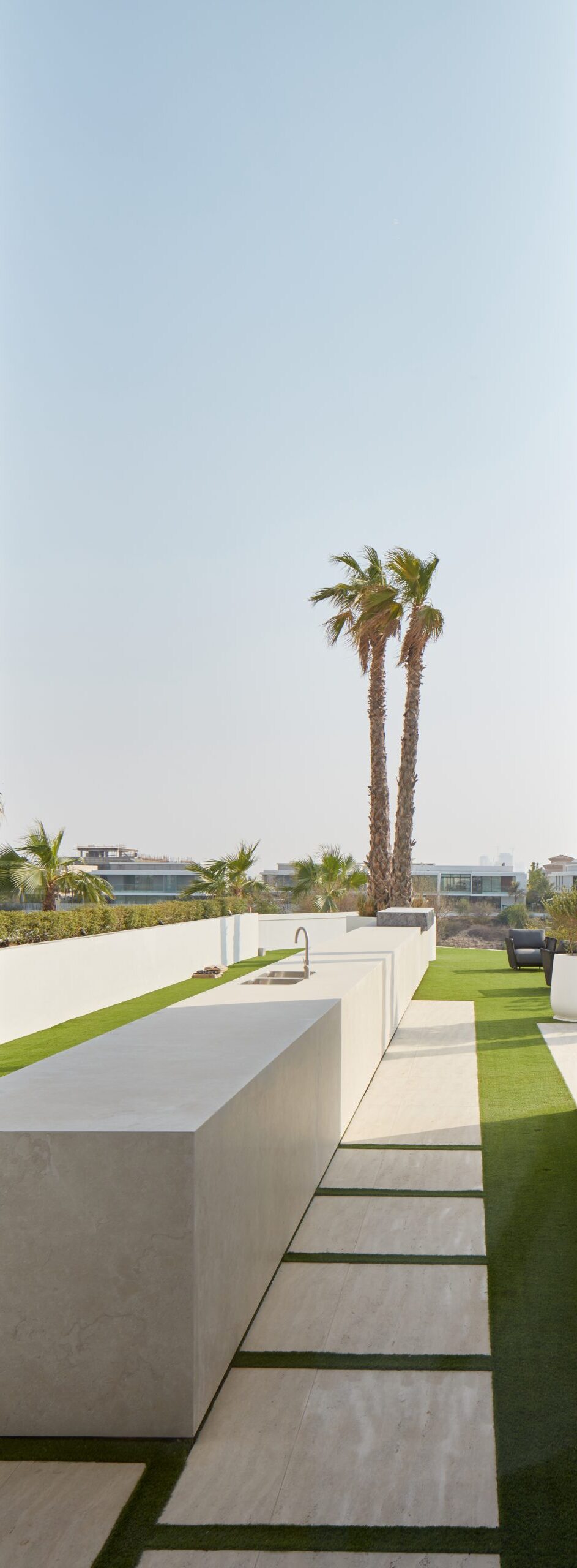 An exterior photo of a Dubai Villa showing tall palm trees